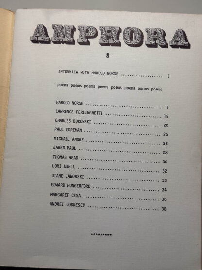 Pictures of the little magazine called Amphora with Harold Nore interview / cover and Bukowski poems.