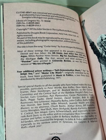 Copyright page of the first edition, near fine, of John Sinclair's Guitar Army in wraps.