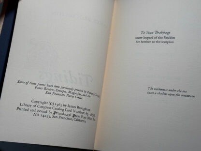 Pictures of the James Broughton small press poetry book Tidings published in an edition of 500