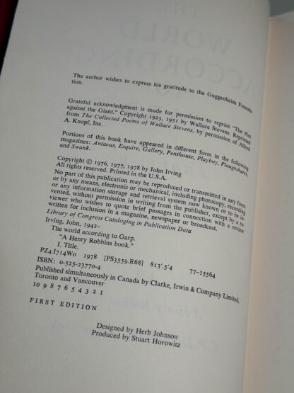 Pictures of the John Irving book The World According to Garp (1978) First Edition with Signed Notecard