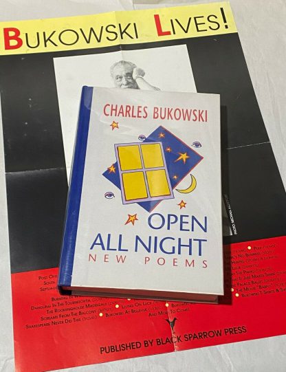 A Picture of the book and poster included in the purchase of Open All Night by Charles Bukowski
