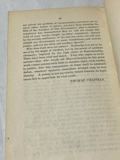 Last page of THOMAS CHAPMAN. False Reconstruction; Or, The Slavery That Is Not Abolished.